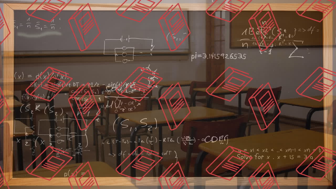 анимация книг и математических формул, плавающих над классом