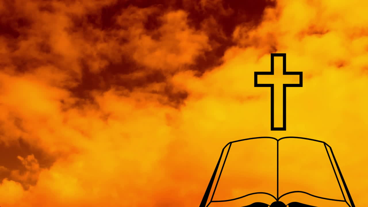 Animation of cross and open book against dramatic orange sky with clouds