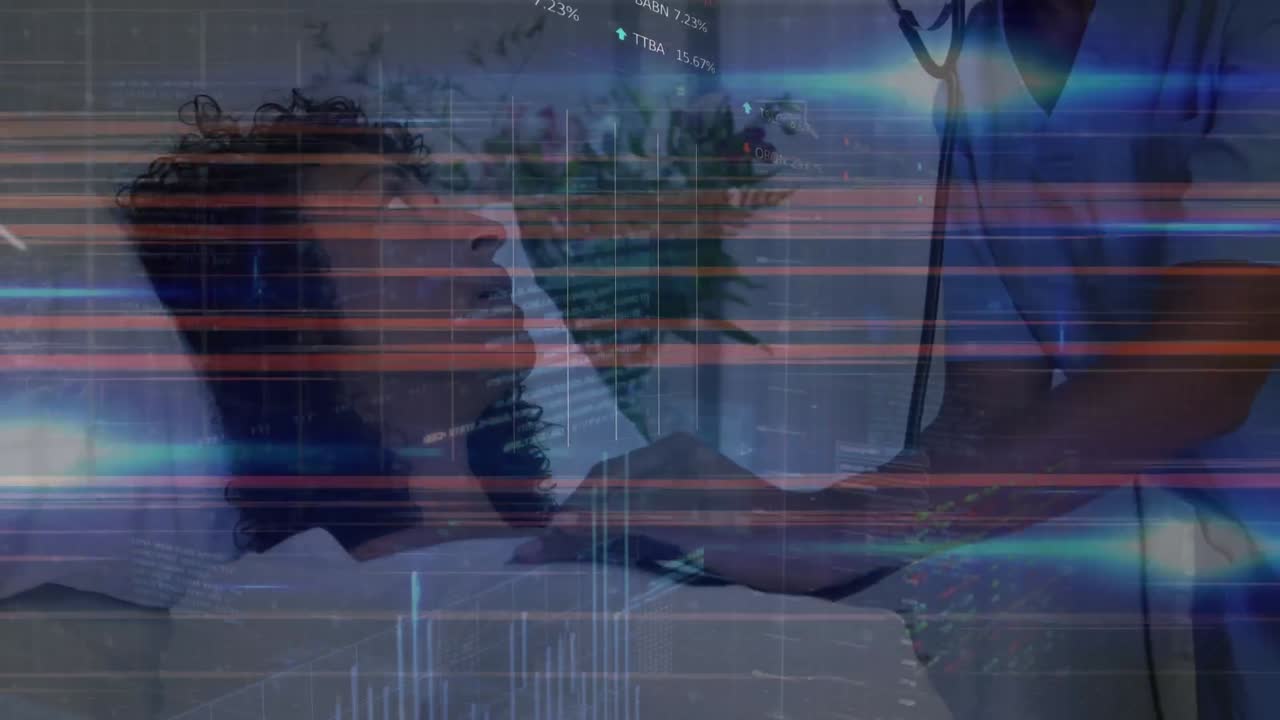 아프리카계 미국인 의사가 환자를 치료하는 데이터 처리의 애니메이션