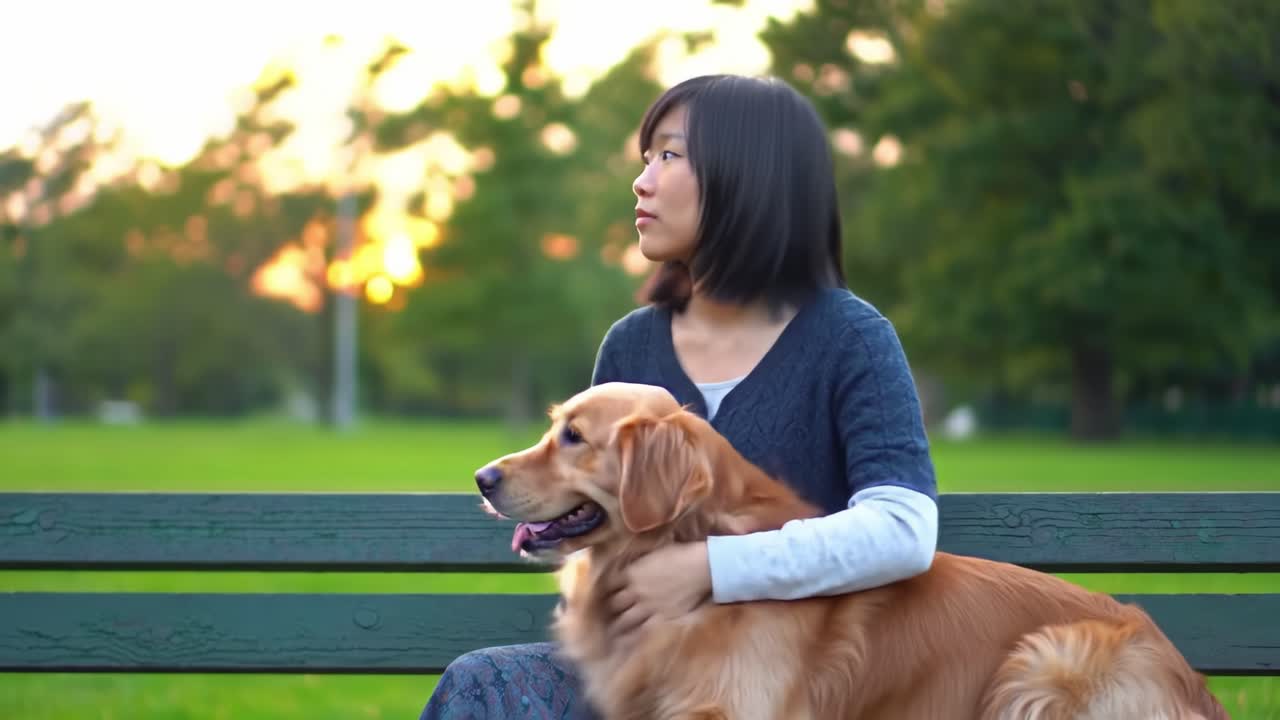 A Serene Evening: A Young Woman Enjoys a Moment of Reflection with Her Golden Retriever on a Park Bench as the Sun Sets in the Background