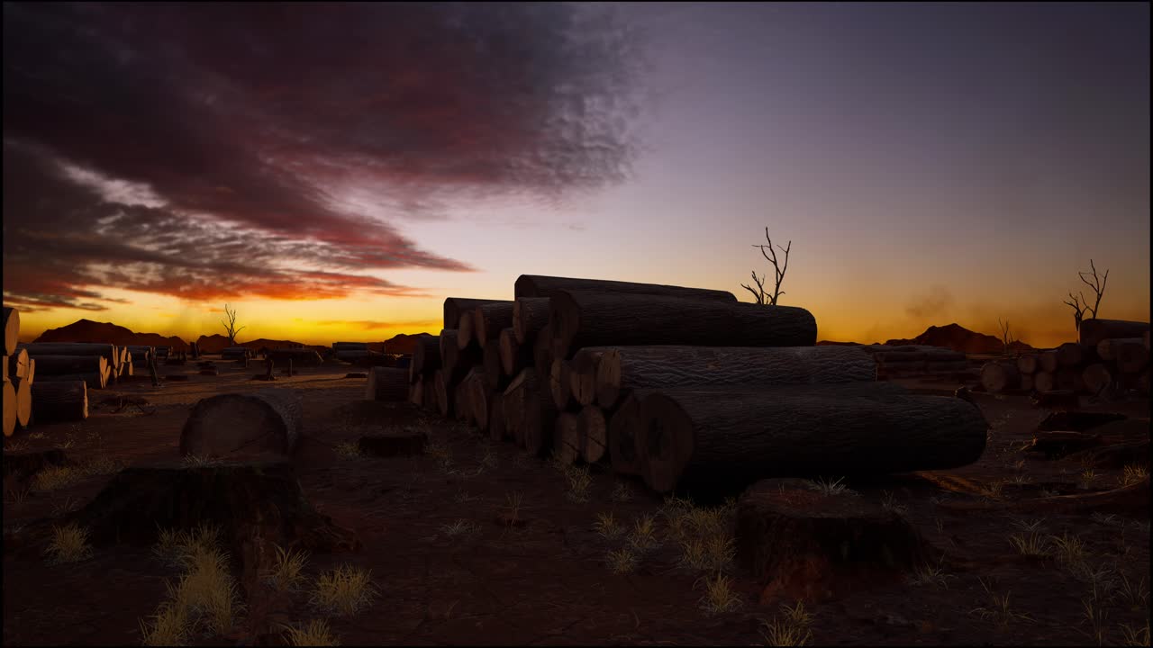 troncos de árboles dejados después de la deforestación, hora de la puesta del sol