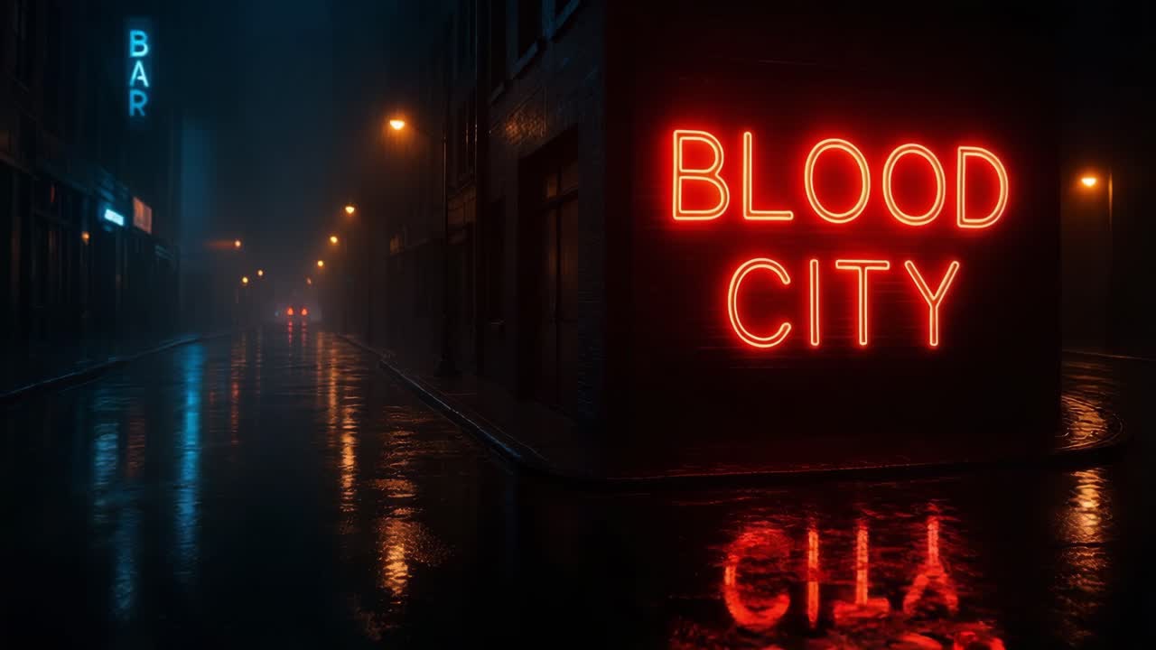 Neon-lit street scene with glowing sign reflecting on wet pavement in a moody urban environment