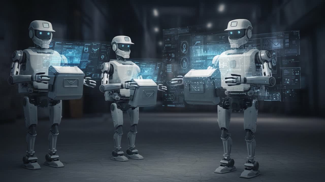 In a futuristic setting, three robots interact while holding digital devices that showcase advanced data and communication panels, symbolizing the integration of robotics and technology