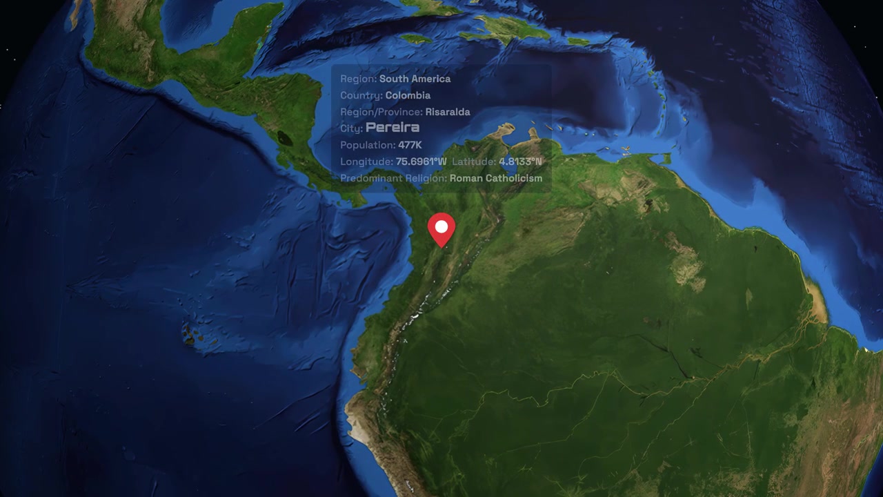 Digital globe rotates and zooms into South America, highlighting Pereira with a red location pin