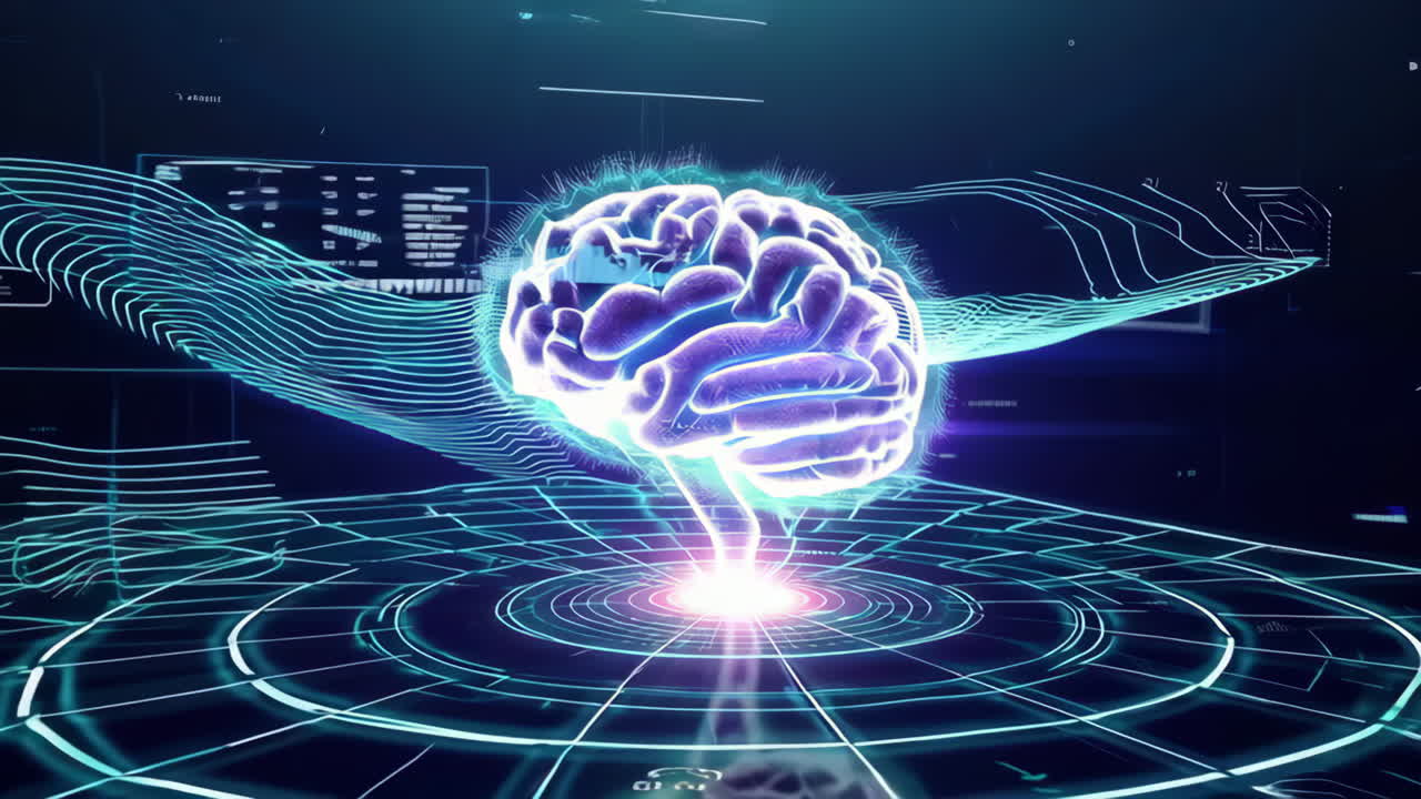 Futuristic AI Brain Hologram with Digital Interface and Data