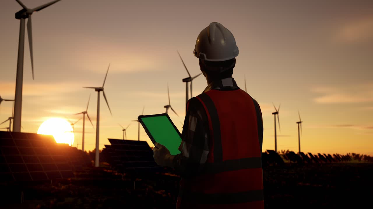 Renewable Energy Engineer Inspecting Wind and Solar Farm at Sunset