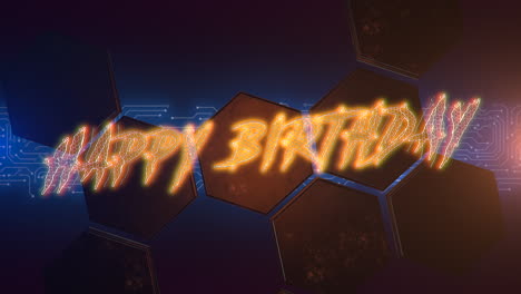 feliz cumpleaños con placa base y patrón de hexágonos