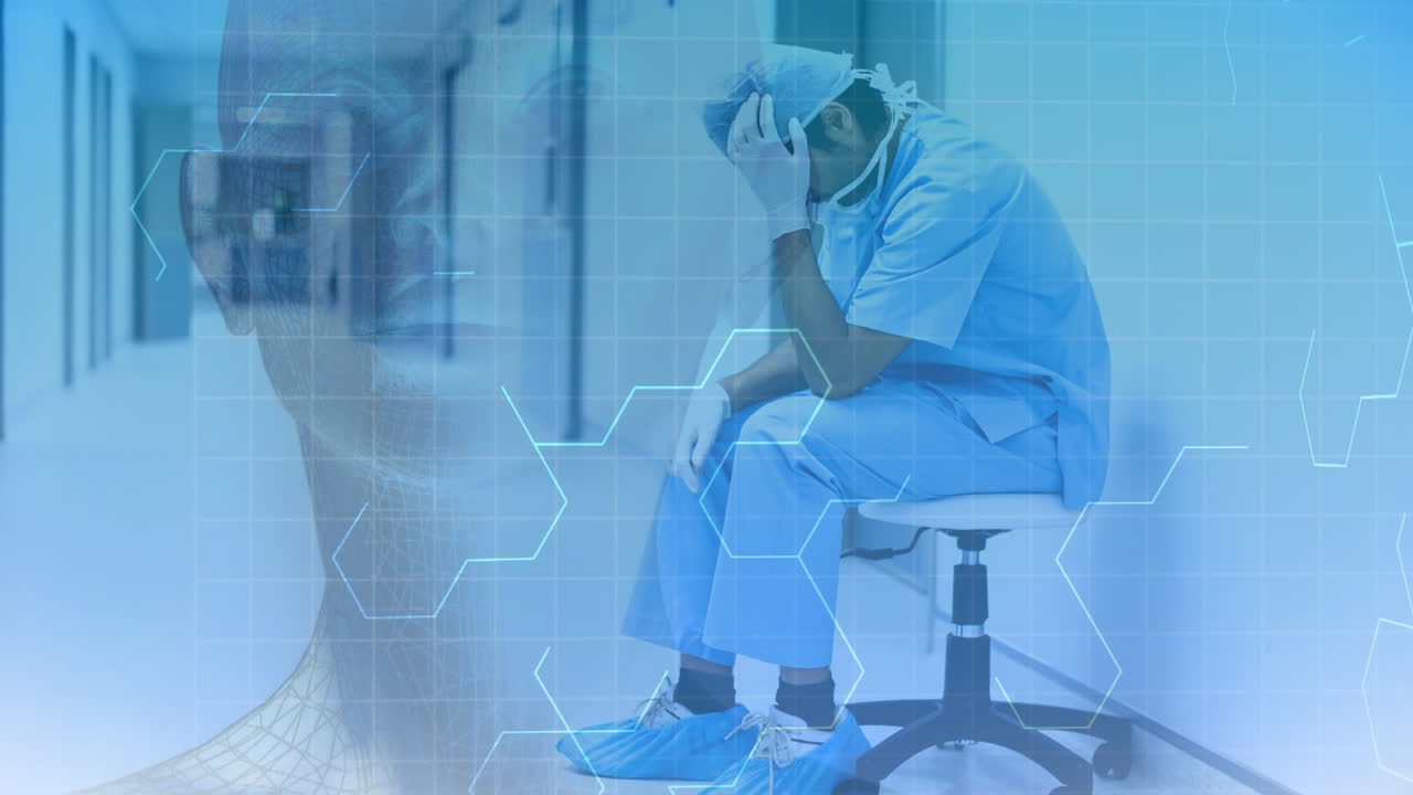病院の廊下に座っているストレスの多い医師のデジタルアニメーション 4k