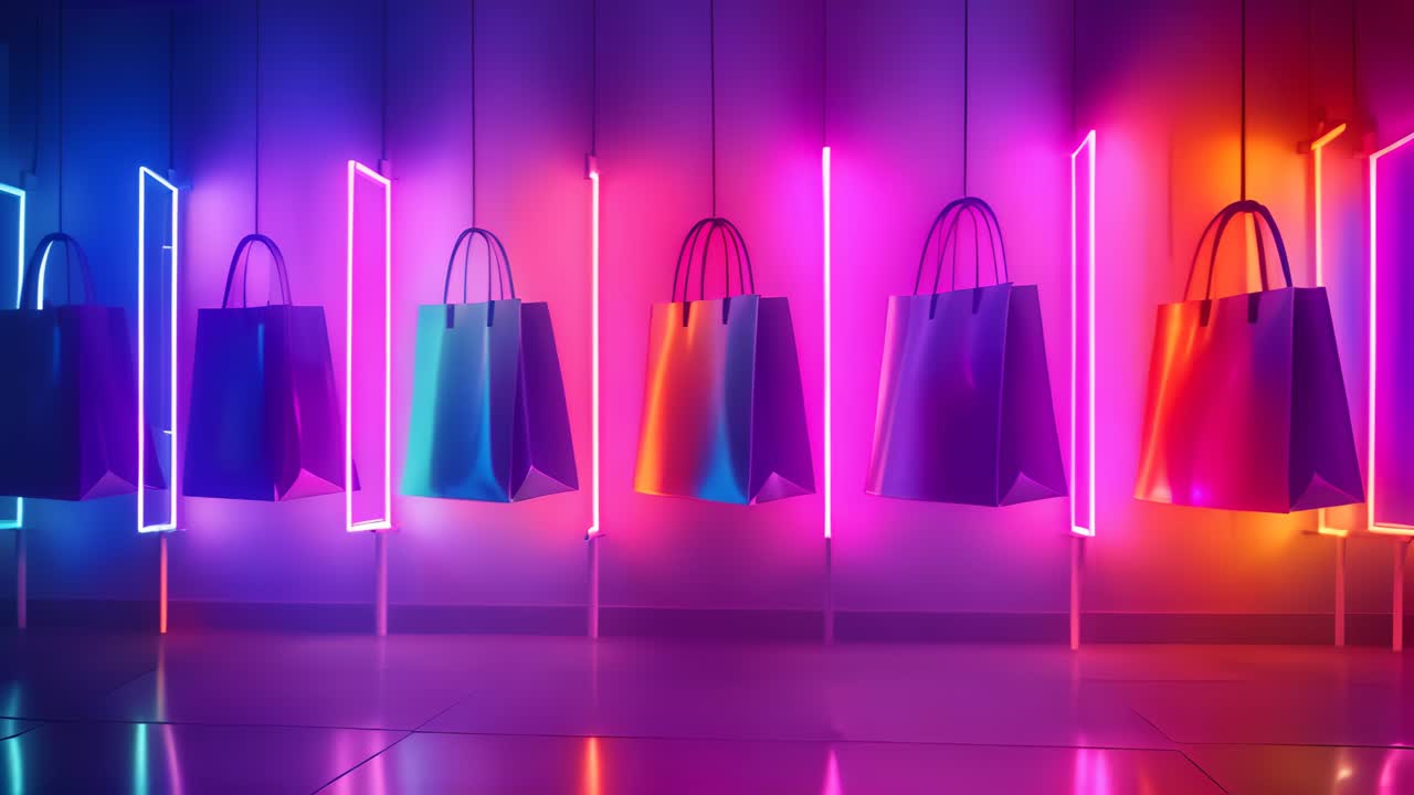Colorful Shopping Bags Displayed with Neon Lights