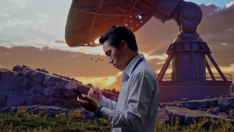 side view of an asian male professional worker standing with his smartphone with large satellite dish, checking with dissapionted and nodding his head