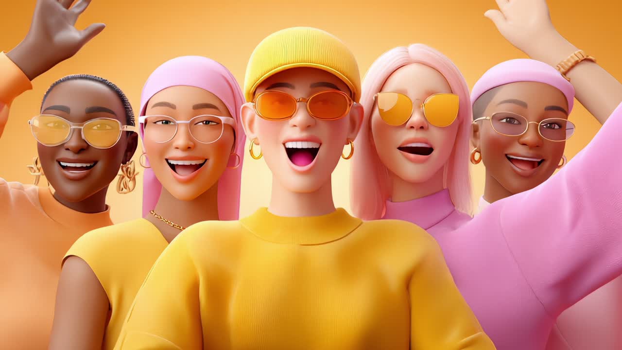 A Vibrant Celebration of Friendship and Joy: A Group of Cheerful Animated Women Enjoying Each Other's Company in Bright, Sunny Colors with Lively Expressions