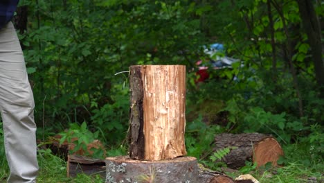 slow motion shot of a man in a flannel shirt splitting a log into quarters with an axe while camping