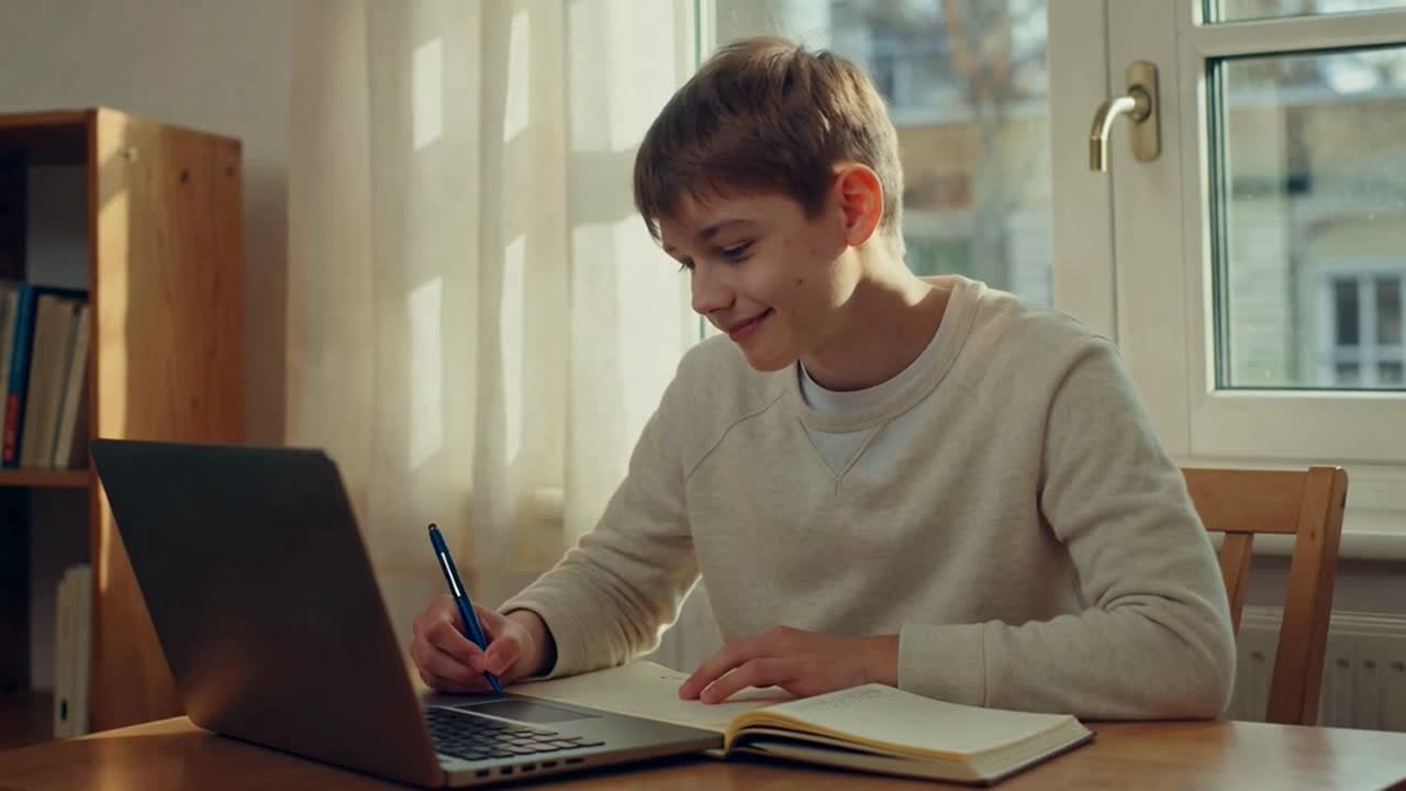 Young Boy Happily Studying Online with Laptop and Notebook at Home