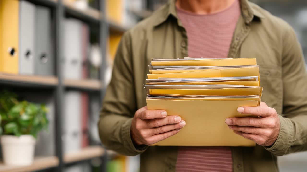 Osoba třídící důležité dokumenty v kanceláři, manipulující se stoh papírových složek Manila plných papírů