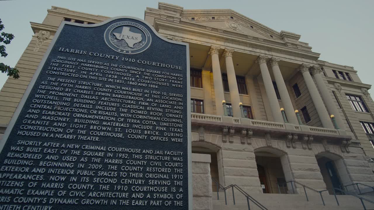 Establishing shot of the historic 1910 Harris County Courthouse building.