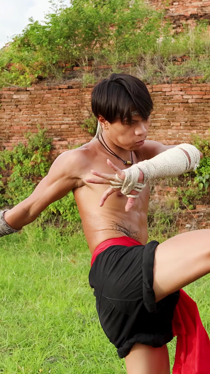 Açık Havada Geleneksel Dövüş Sanatları Hareketleri Sergileyen Muay Thai Dövüşçüsü
