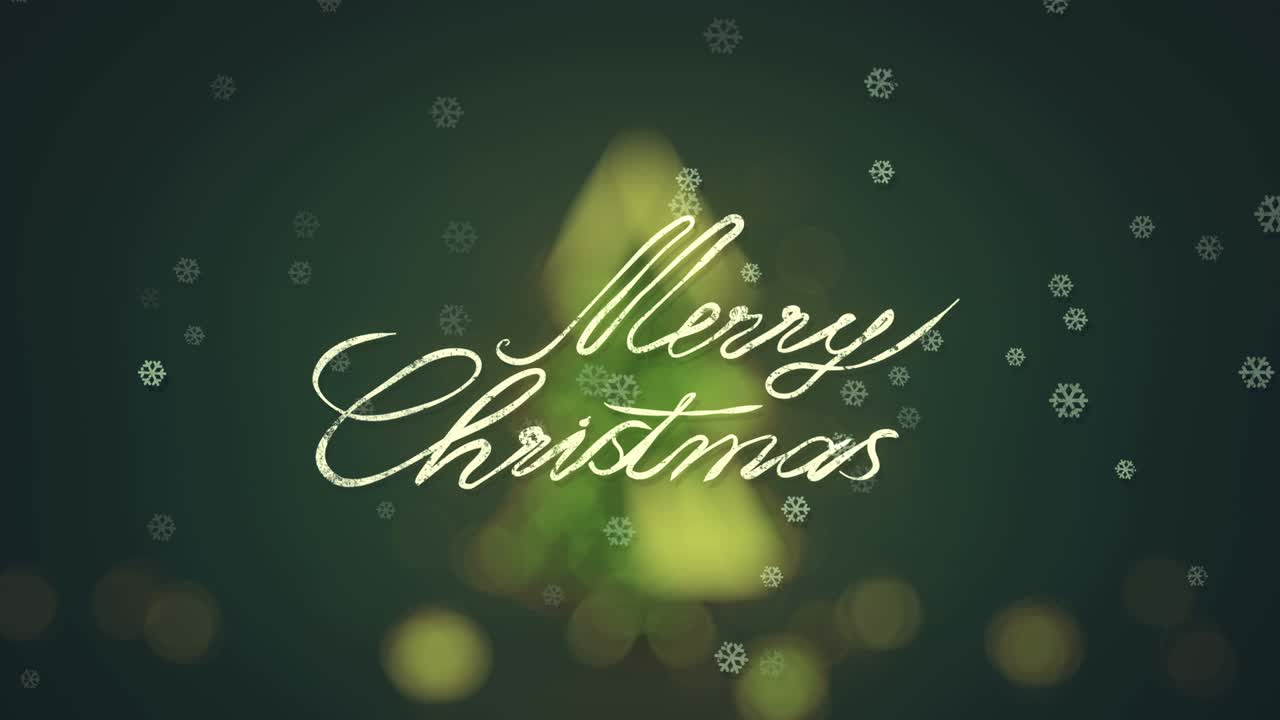 Blurred christmas tree and handwritten holiday greetings 3D render animation
