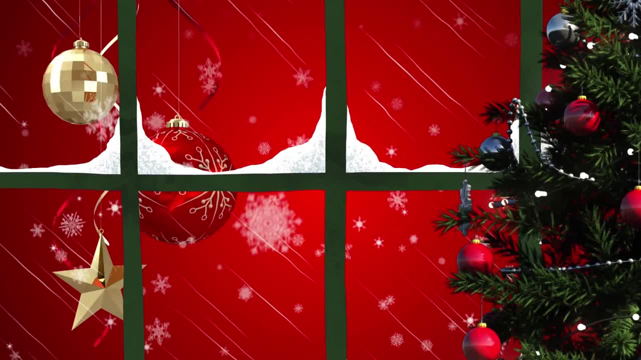 árbol de navidad y marco de ventana de madera contra las decoraciones de navidad sobre fondo rojo