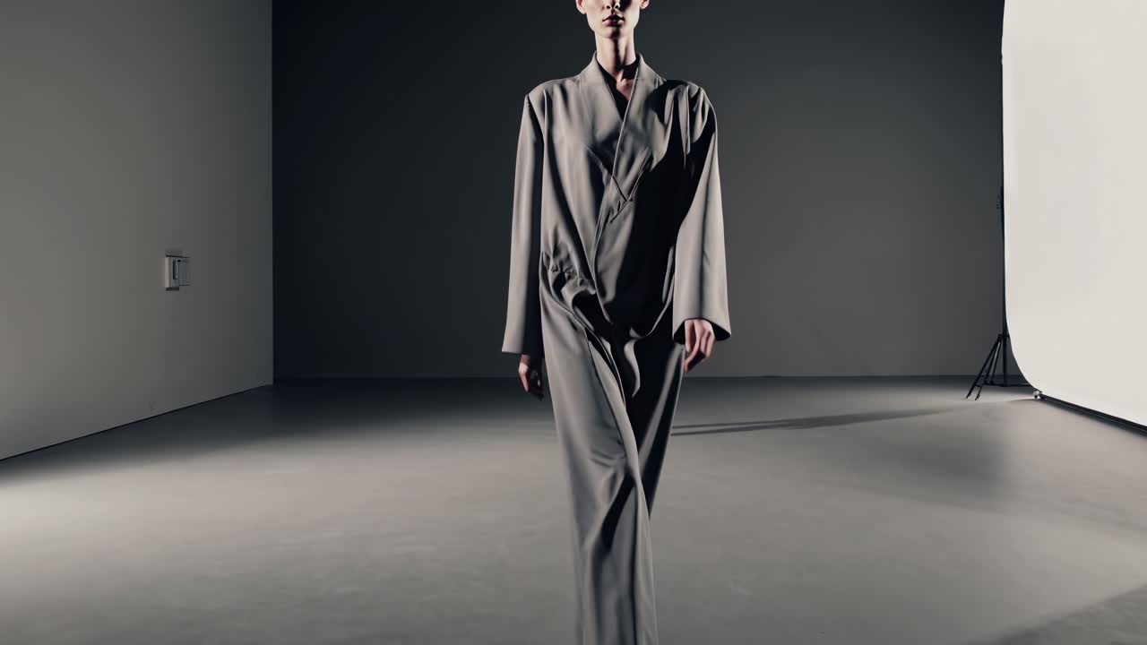 A minimalist video scene shows a model walking in a dimly lit studio