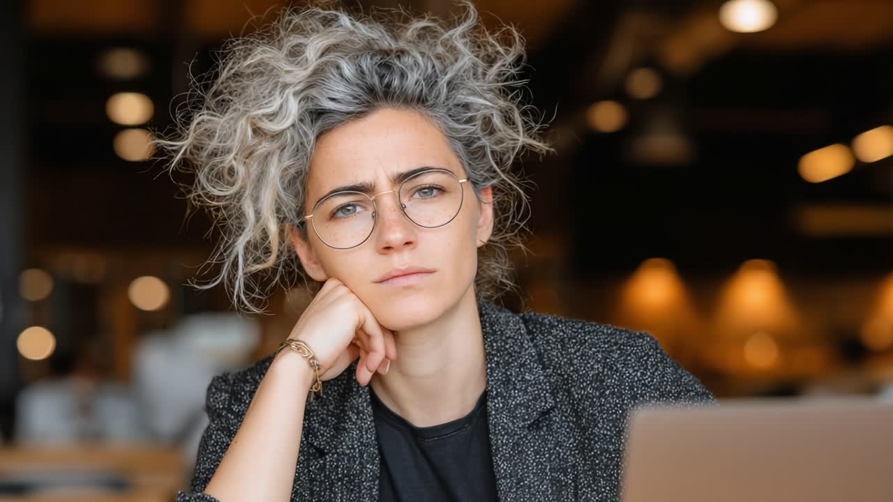 Thoughtful Woman Gazing Intently at Laptop While in a Modern Workspace Setting, Capturing a Moment of Concentration and Reflection