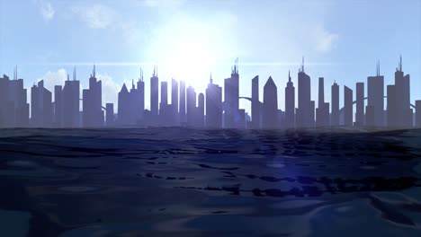 Stadtbild-Skyline-Ozean-Steigender-Meeresspiegel-Silhouette-Wolkenkratzer-Zukünftiges-Klima-4k