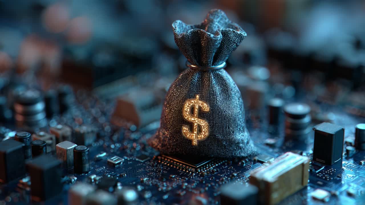 A Close-Up View of a Money Bag on a Circuit Board, Symbolizing Wealth Creation and Technological Advancement in Finance and Commerce
