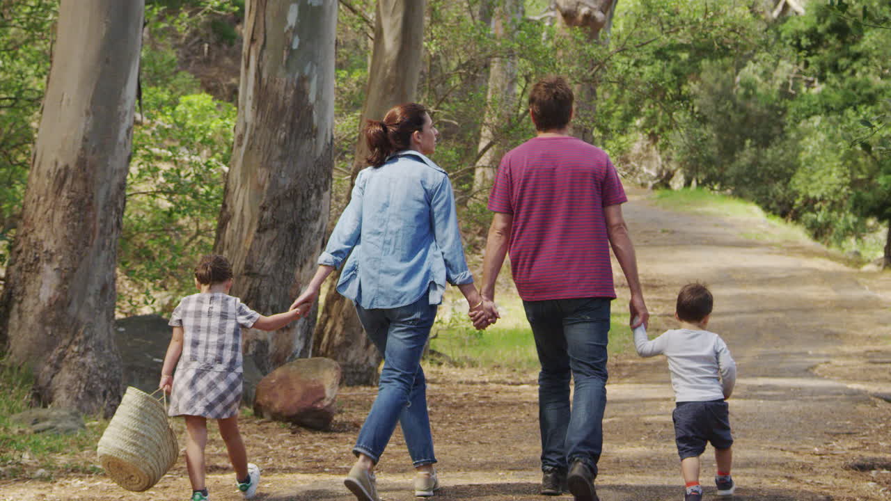 vista trasera de la familia caminando por el camino a través del bosque juntos