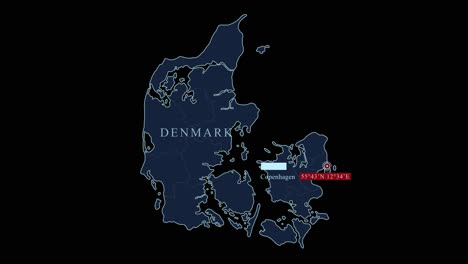 stylized denmark map with copenhagen capital city and geographic coordinates on black background