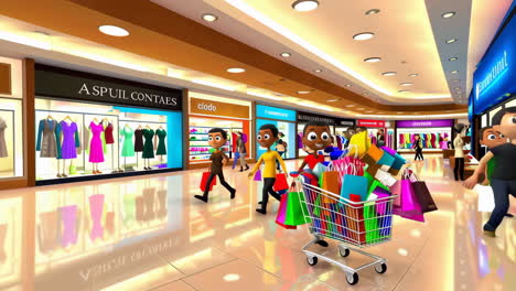animated characters shopping in a mall and clothing stores