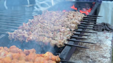 close up of cooking shish kebab on grill