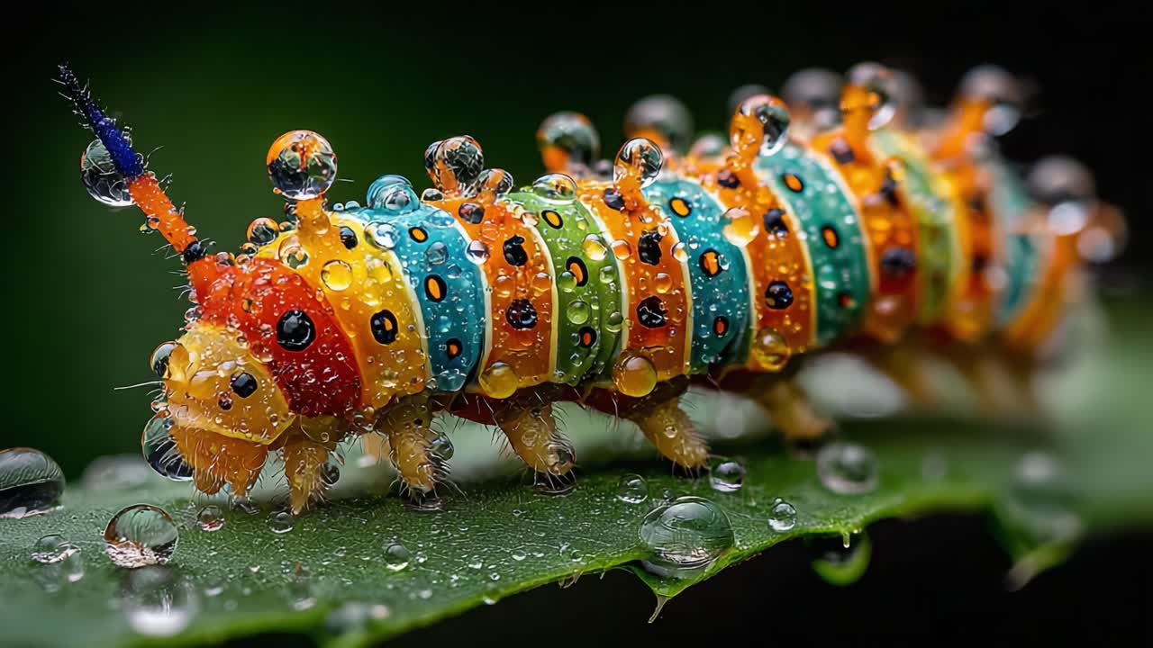 Vibrant and Colorful Caterpillar Journeying Across a Leaf Adorned with Dewdrops, Showcasing Nature's Intricate Beauty and the Wonders of Insect Life