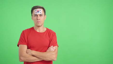 dignified and serious man with south korean flag painted on face