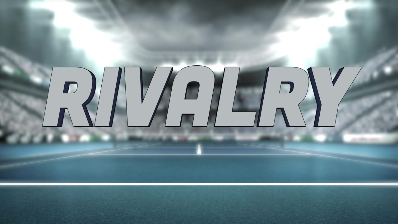 Materializing metallic RIVALRY letters rotating above tennis court net, under misty floodlights