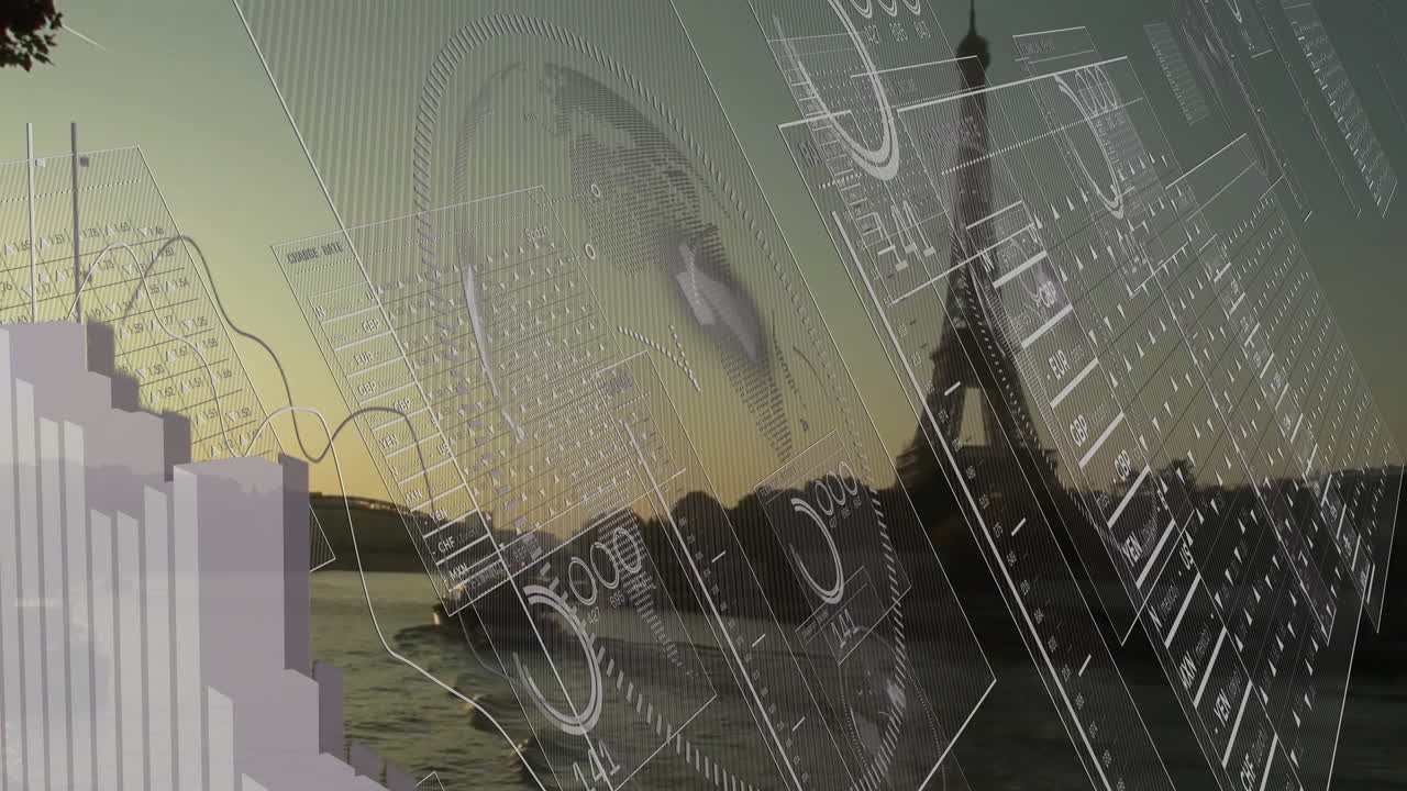 Futuristic translucent UI panels floating over calm river displaying line graphs and bar charts