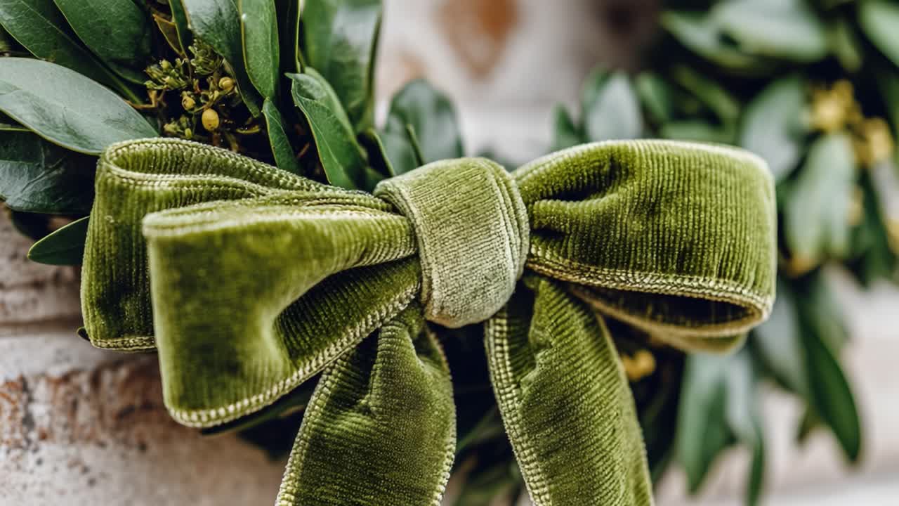 Elegant Green Velvet Bow on a Fresh Floral Wreath, Showcasing Natural Beauty and Seasonal Decor Perfect for Celebrations and Festive Occasions