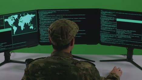 soldado trabajando en múltiples monitores de computadora