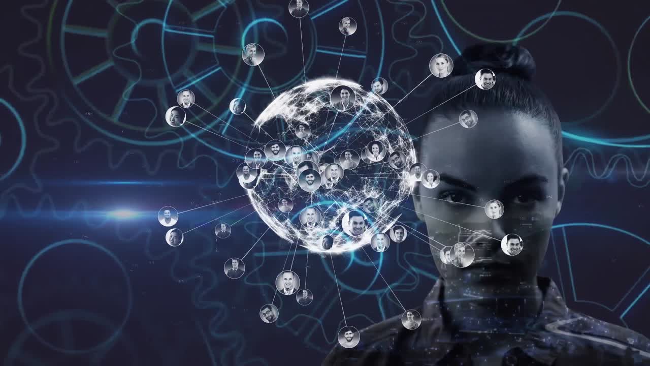 animaciones del globo con una red de conexiones sobre las mujeres caucásicas favoritas en el fondo oscuro