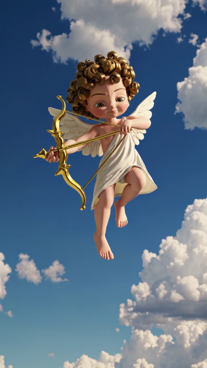 Aerial view of a 3D cherub with a bow against a blue sky with clouds, resembling a video game