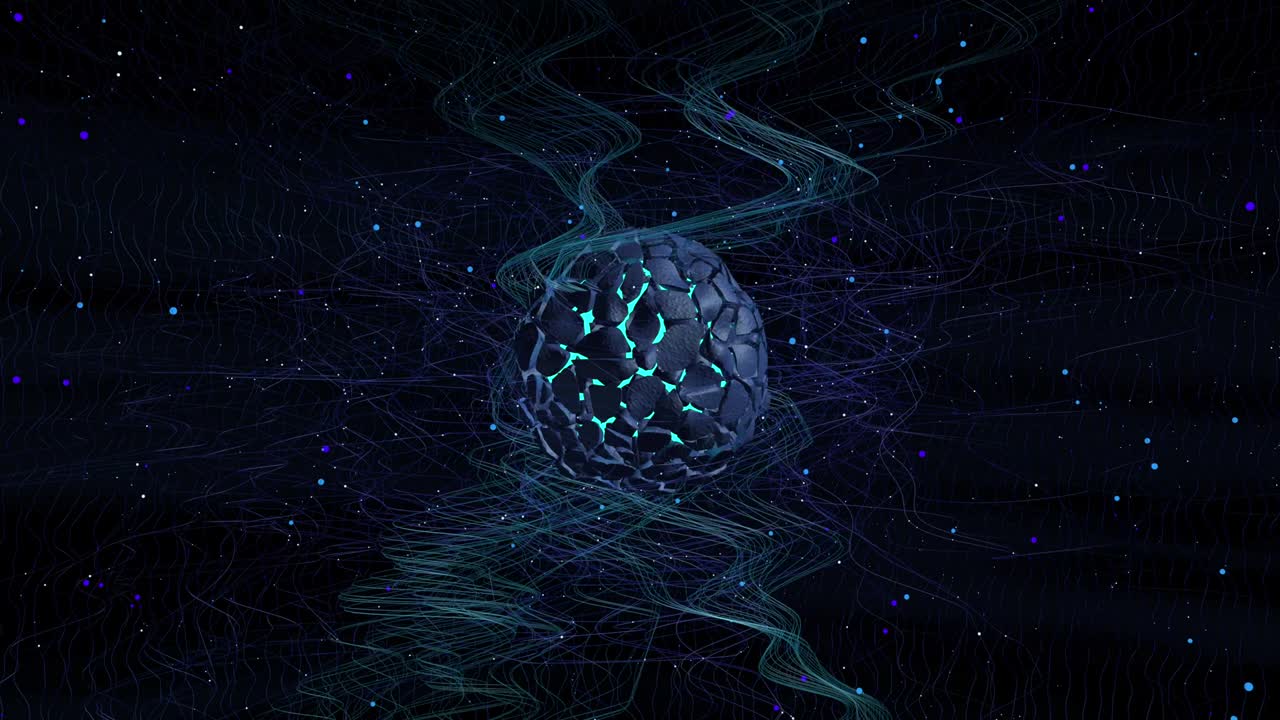 Blue spherical nucleus fragmented with light inside deforming, entangled with threads in a space full of particles on a black background. 3D Animation