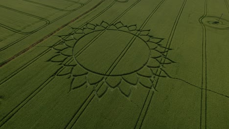 vista aérea de un círculo de cultivos con diseños de flores sobre campos cerca de la aldea de potterne en wiltshire, inglaterra