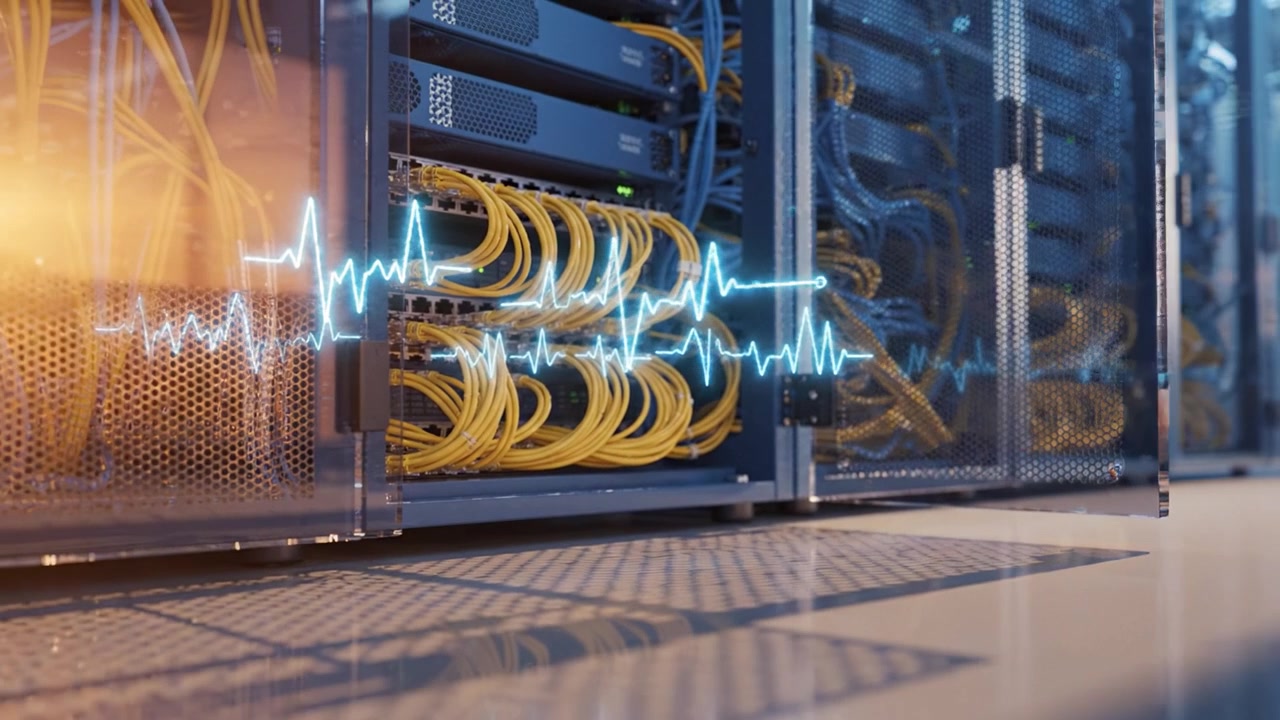 A Modern Data Center with Network Servers and Cables Showcasing Advanced Technology and Data Transmission in a High-Tech Environment with Visual Signal Waves