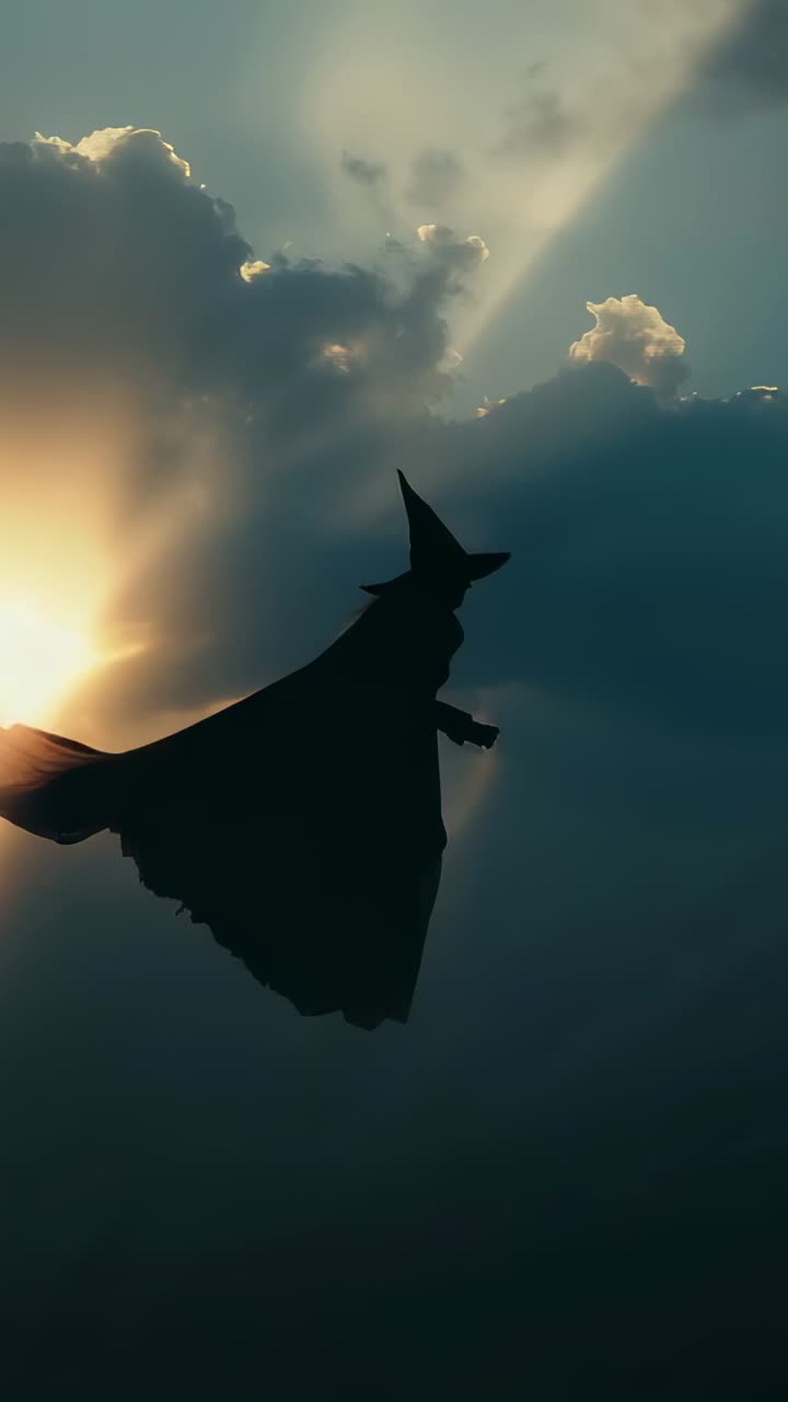 Vertical video: Revealing cloaked figure gliding left to right in sunset sky with pointed hat