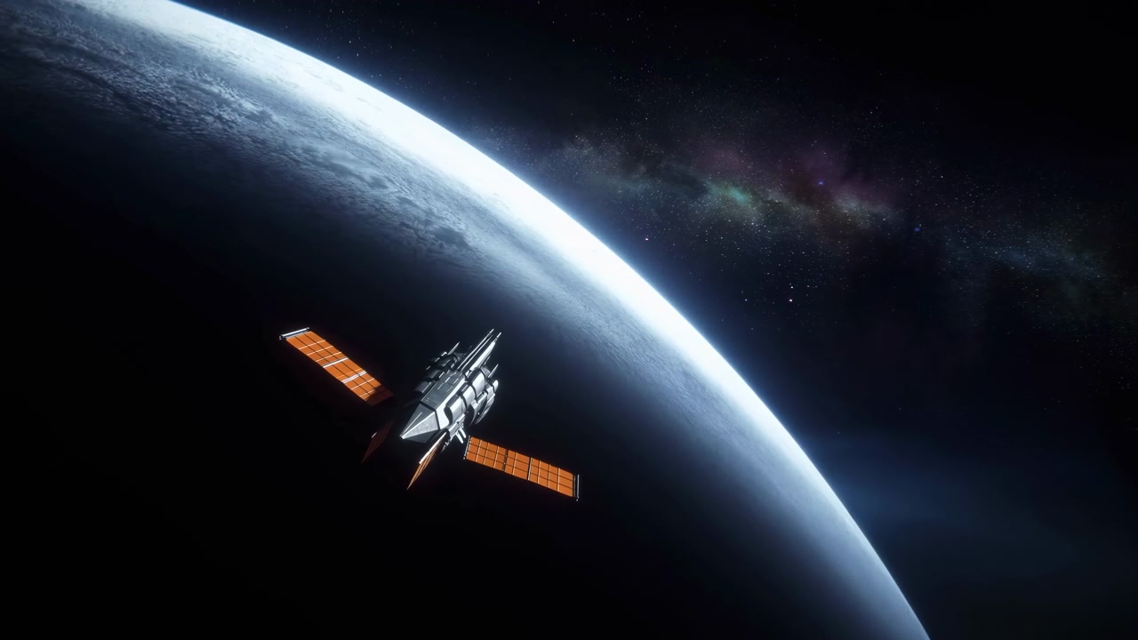 Satellite orbitale metallico si sposta gradualmente attraverso l'inquadratura vicino al bordo in ombra della Terra, con pannelli solari estesi che brillano caldamente contro il cielo nero e una fascia diffusa di stelle