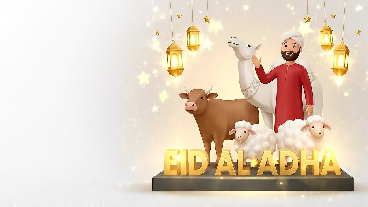 Banner animato per Eid al-Adha con uomo, cammello, mucca, pecora ed eleganti decorazioni di lanterne appese.