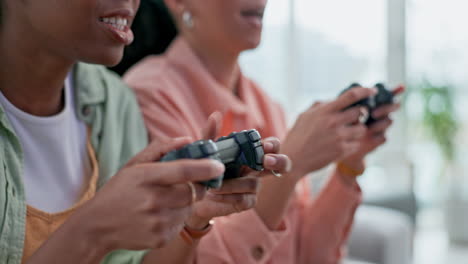 friends, video game and hands of women on sofa