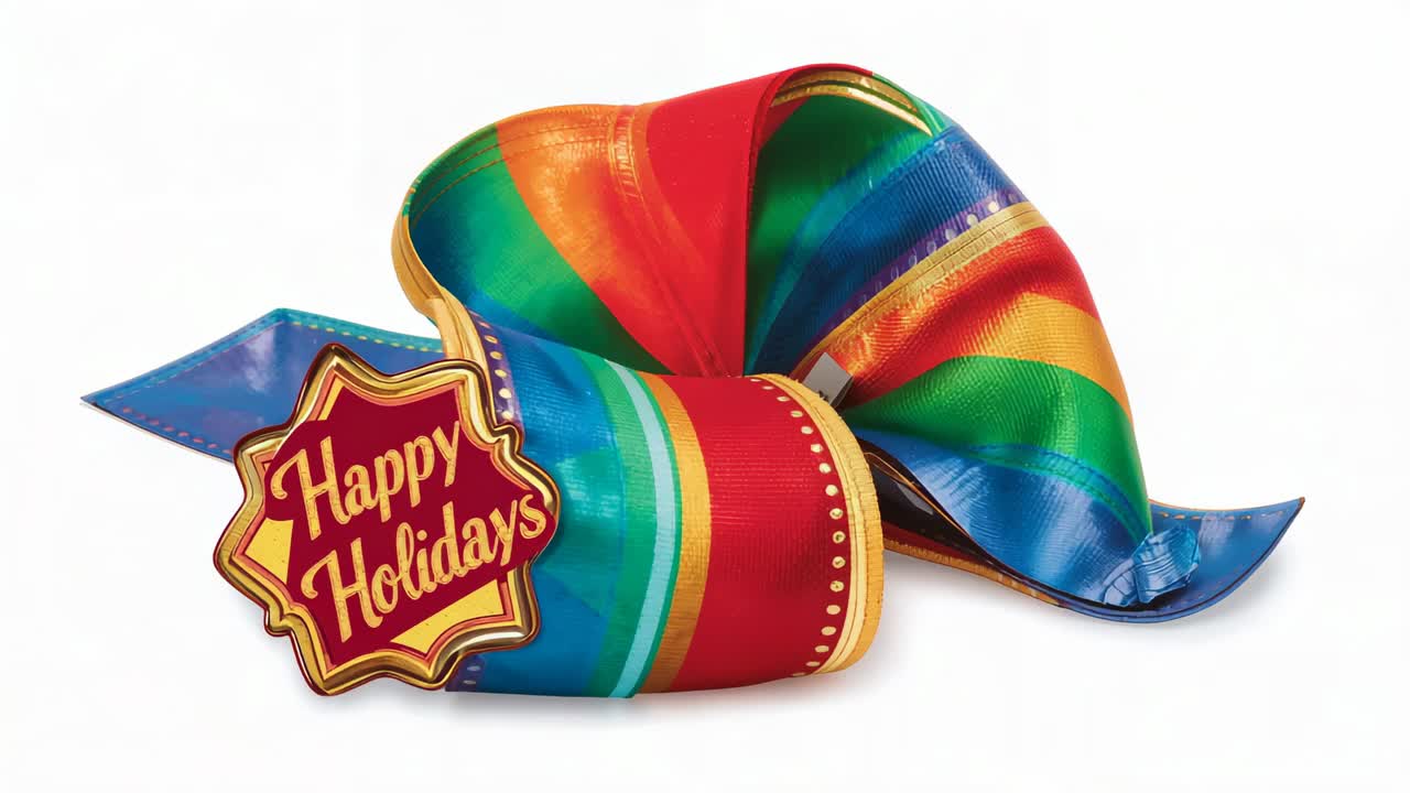 Moving rainbow satin ribbon with gold Happy Holidays badge shifting on white surface, blue tail