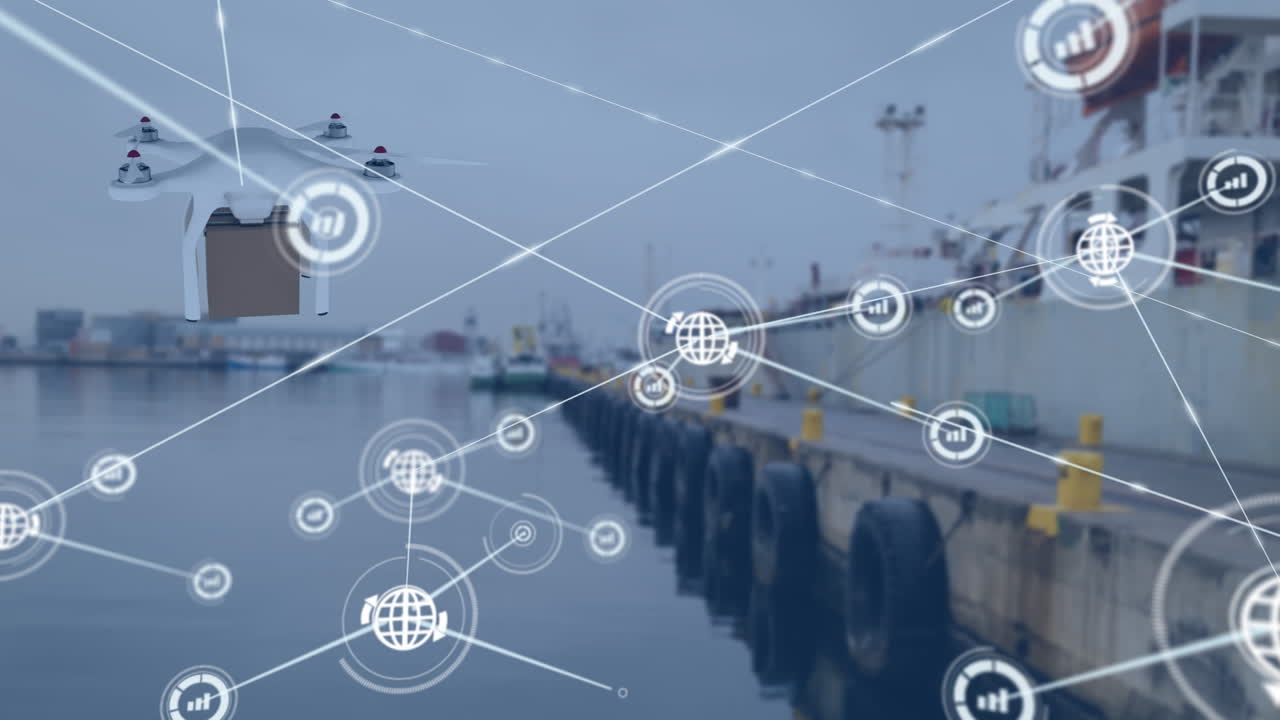 파셀과 풍경과 함께 드론을 통해 아이콘과 연결 네트워크의 애니메이션