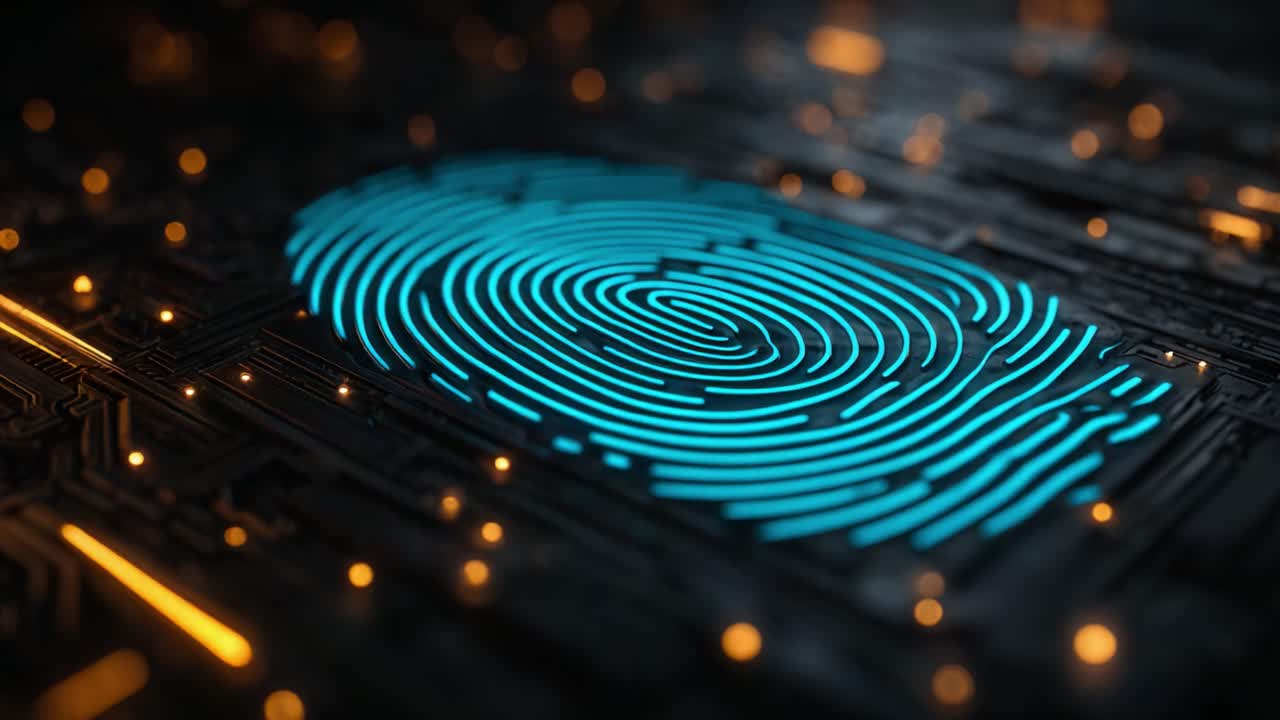 Exploring the Fusion of Technology and Security: A Close-Up of a Vibrant Blue Fingerprint on a Circuit Board Background Illuminated by Subtle Lights