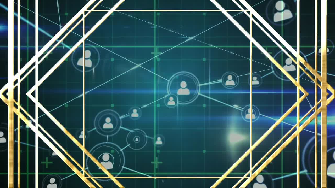 라인과 렌즈 플레어와 로 모양으로 상호 연결되는 프로필 아이콘의 애니메이션