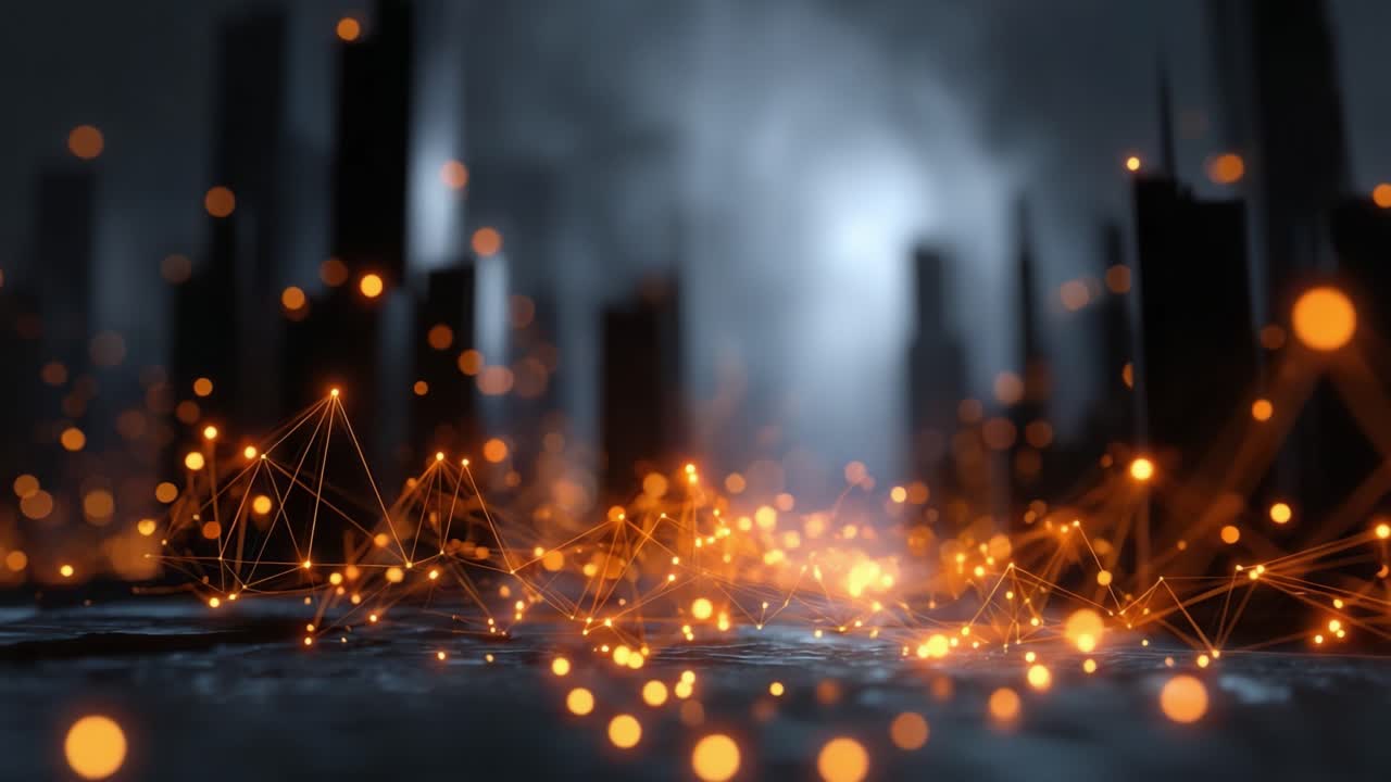Una splendida immagine di reti digitali astratte con punti arancioni luminosi su uno sfondo di paesaggio urbano scuro, catturata in due fotogrammi da un video dinamico